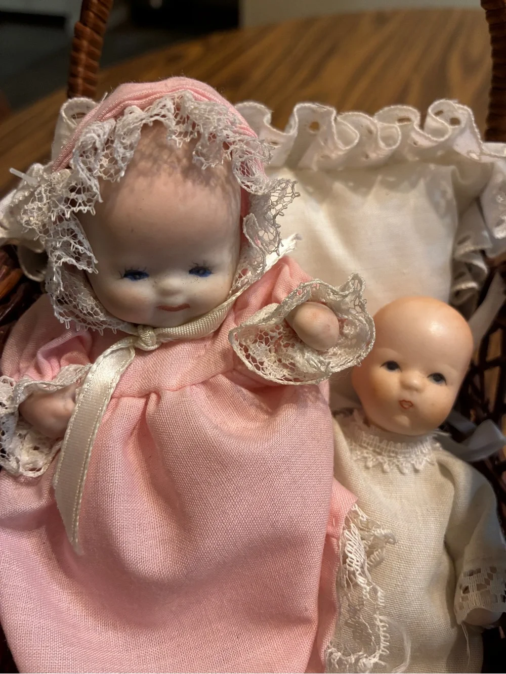 Antique like Wicker Basket with Pink & Cream Baby Doll Set1980-2000